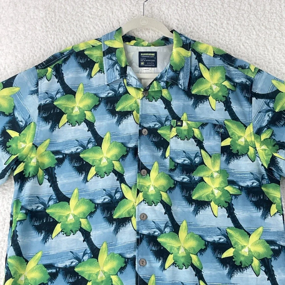 Quiksilver Blue Palm Tropical Print Button-Down Shirt‎ Mens Short Sleeve Size L